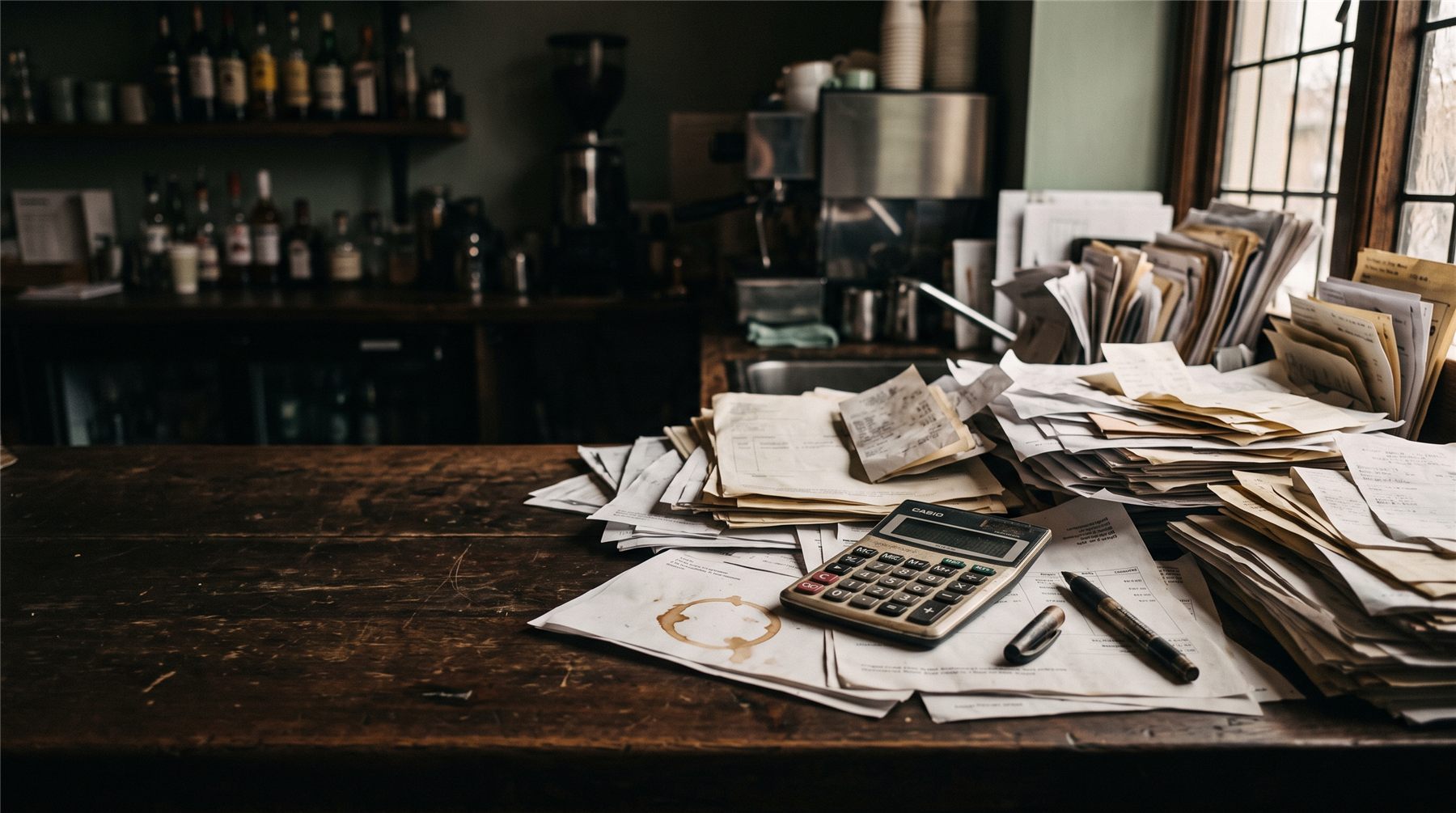 A small café counter buried in paper receipts and supplier invoices at the end of a busy day.