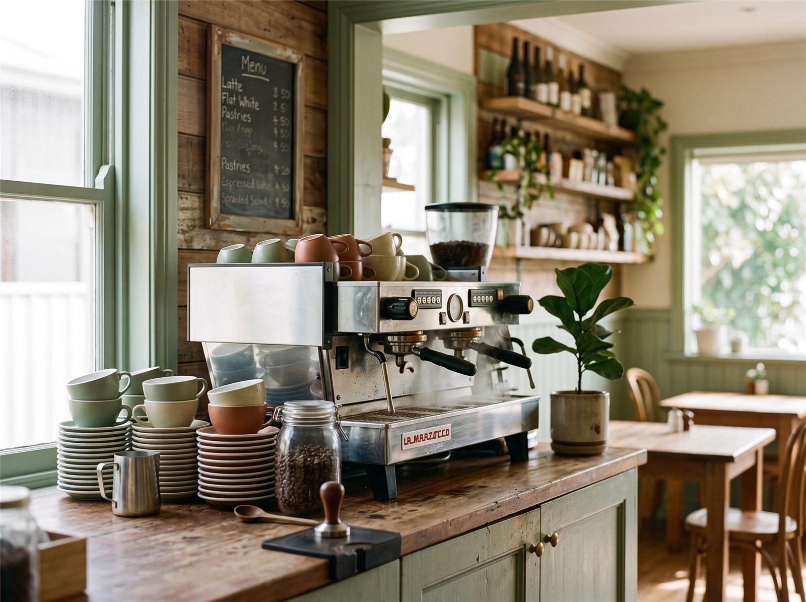 Interior of a small Australian café — espresso machine, cups and counter.