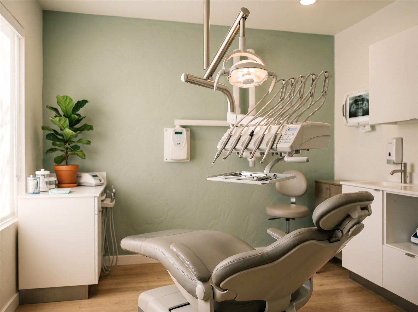 A small dental clinic treatment room with the chair and equipment.