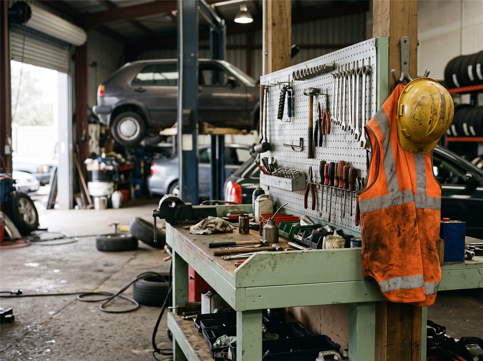 A small auto workshop — tool wall, hi-vis vest and a car up on the hoist.