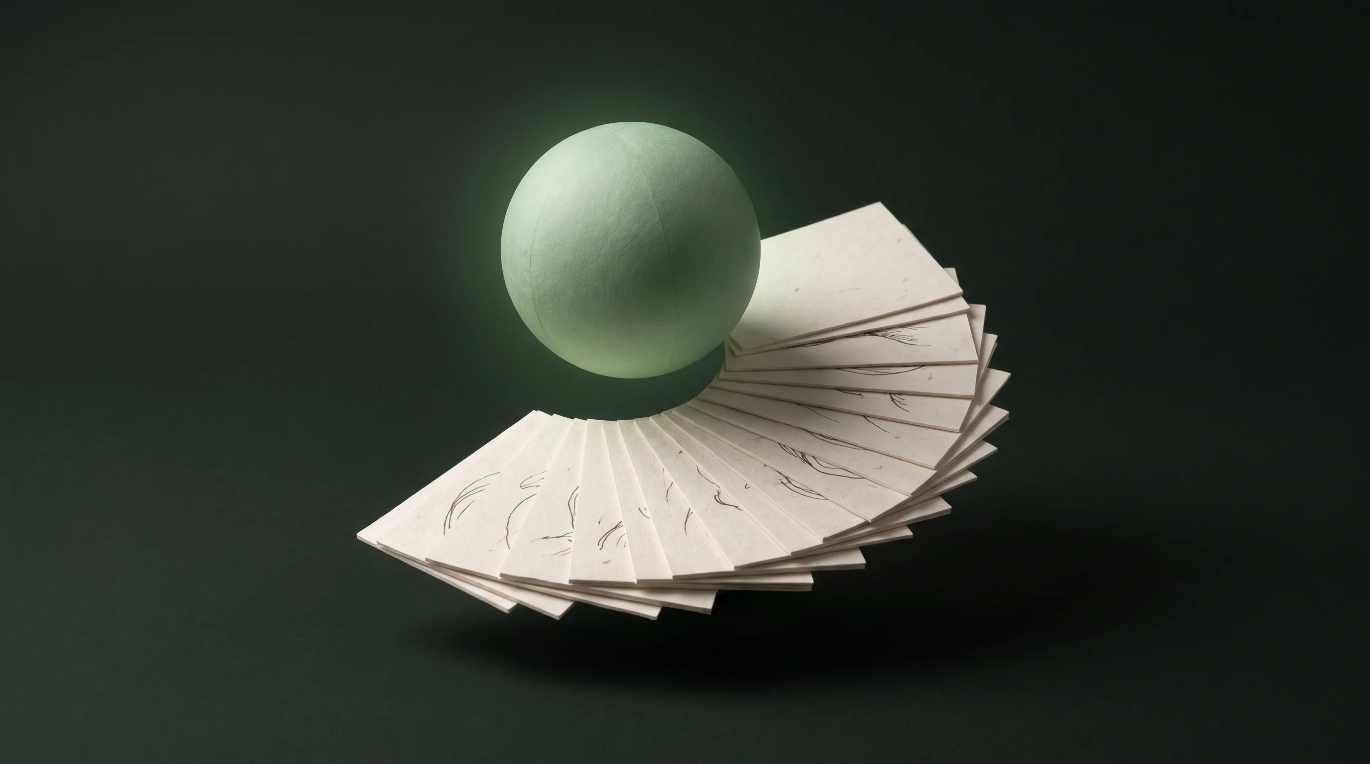 A soft green assistant orb tidying task cards into order, glowing against a dark backdrop.