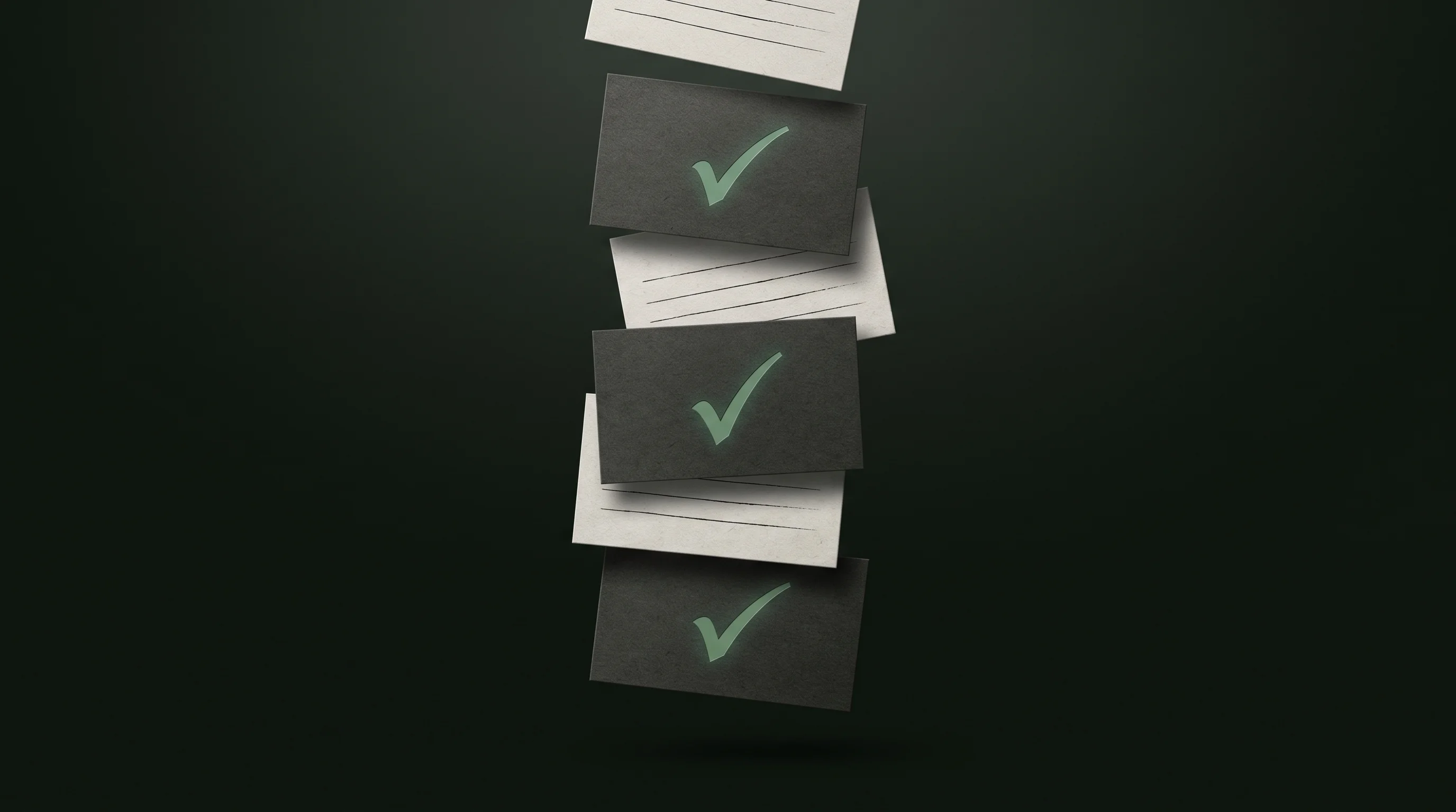 A checklist aligned in mid-air on a dark backdrop, a few items ticked in bright green.